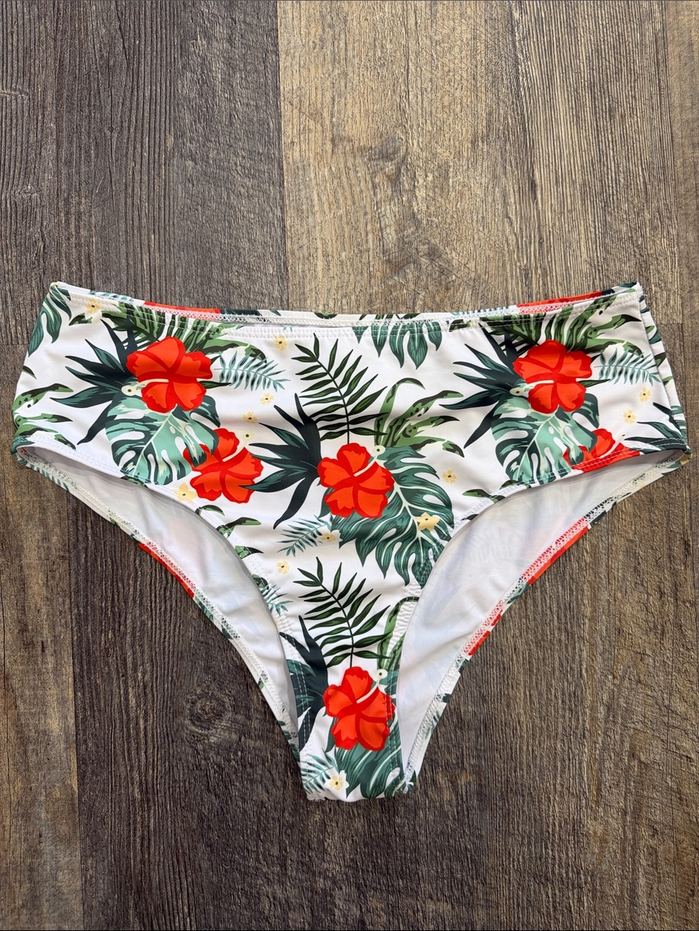 SHEIN Tropical Floral Bikini Bottoms - White with Red & Green Print